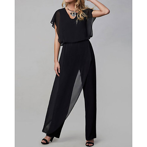 

Pantsuit / Jumpsuit Mother of the Bride Dress Jumpsuits V Neck Ankle Length Chiffon Short Sleeve with Ruching 2021