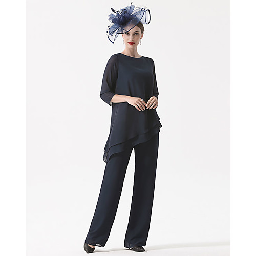 

Pantsuit / Jumpsuit Mother of the Bride Dress Plus Size Elegant Jewel Neck Floor Length Chiffon 3/4 Length Sleeve with Lace 2021