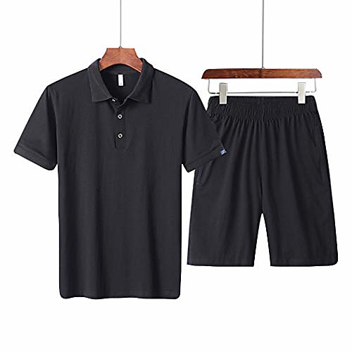 

summer men's tracksuit casual solid color polos and shorts 2 pieces short set black