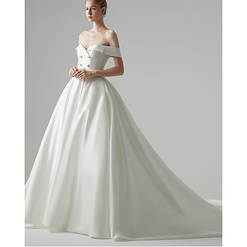 

Ball Gown Wedding Dresses Off Shoulder Chapel Train Satin Sleeveless Formal Simple with 2021