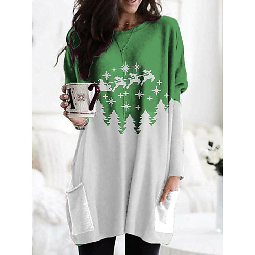 

Women's Shift Dress Short Mini Dress Green Long Sleeve Print Patchwork Print Fall Spring Round Neck Casual Christmas 2021 S M L XL XXL 3XL 4XL 5XL