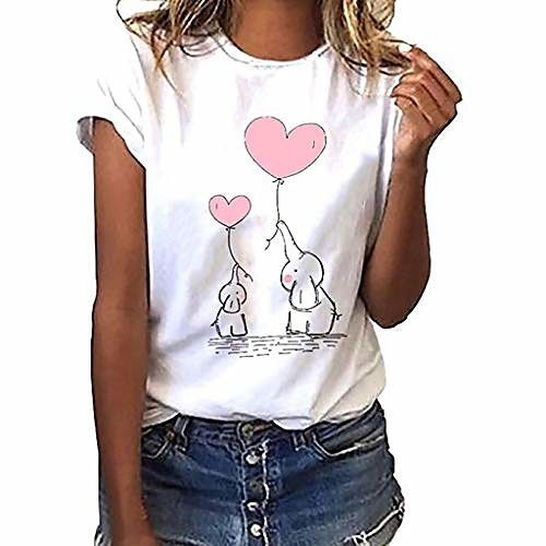

women short sleeve plus size cute elephant heart printed summer casual loose t-shirt o-neck wild tops tee (xl, white)