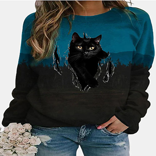 

Women's Blouse Shirt Cat Animal Long Sleeve Print Round Neck Tops Basic Top Blue