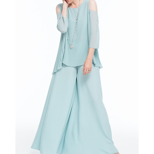 

Pantsuit / Jumpsuit Mother of the Bride Dress Elegant Jewel Neck Floor Length Chiffon 3/4 Length Sleeve with Ruffles 2021