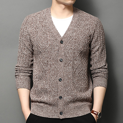 

Men's Knitted Solid Color Cardigan Long Sleeve Sweater Cardigans V Neck Fall Winter Camel Khaki