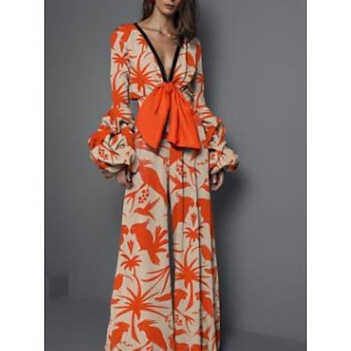 

Women's Sheath Dress Maxi long Dress Orange Long Sleeve Print Print Fall V Neck Elegant Sexy Slim 2021 S M L XL XXL 3XL / Mini
