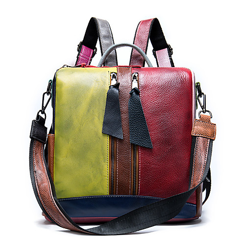 

Women's Cowhide School Bag Commuter Backpack Large Capacity Waterproof Zipper Daily Retro Backpack Rainbow