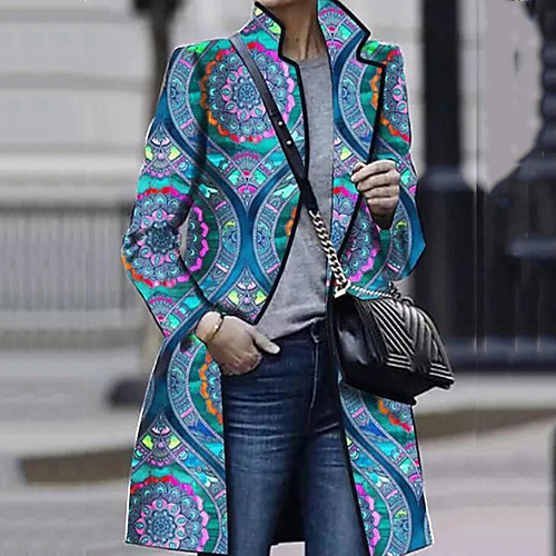 

Women's Geometric Print Basic Fall & Winter Trench Coat Long Going out Long Sleeve Cotton Coat Tops Blue