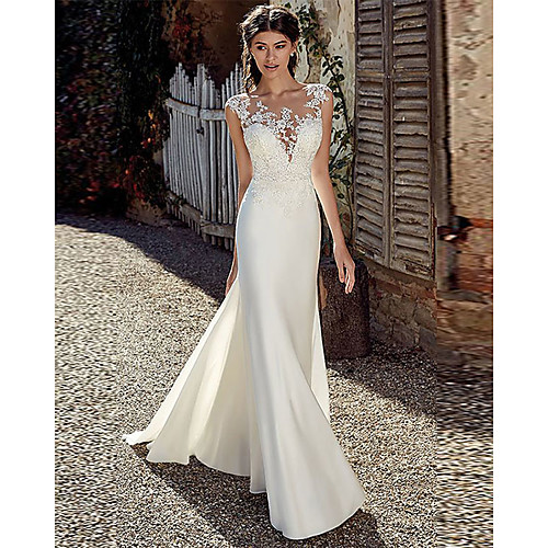 

A-Line Wedding Dresses Bateau Neck Court Train Chiffon Lace Tulle Cap Sleeve Illusion Detail Backless with Lace Appliques 2021