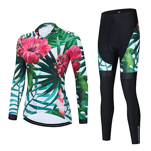 

21Grams Women's Long Sleeve Cycling Jersey with Bib Tights Cycling Jersey with Tights Winter Black Green BlackWhite Floral Botanical Bike Breathable Quick Dry Sports Graphic Mountain Bike MTB Road