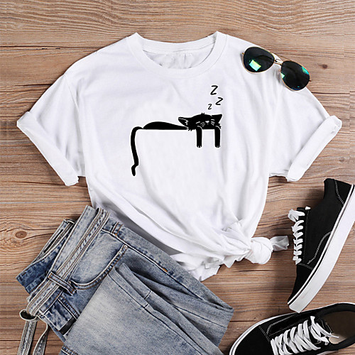 

Women's T-shirt Cat Graphic Prints Print Round Neck Tops 100% Cotton Basic Basic Top White Black Purple