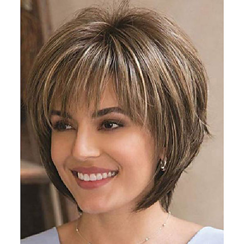 

short natural straight wigs mixed brown natural looking heat resistant synthetic wig hair thanksgiving wigs for women