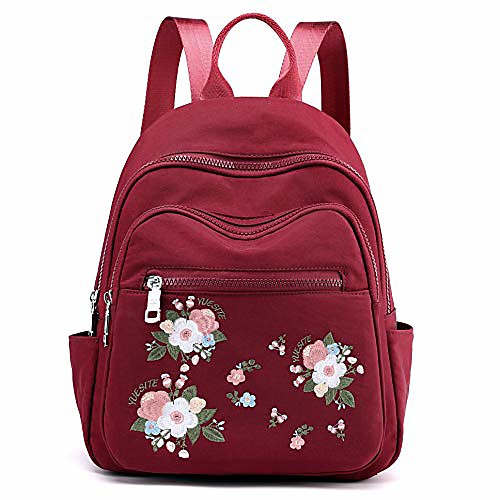 

small backpacks for women,mini nylon bookbag purse casual lightweight embroidery daypack (red)