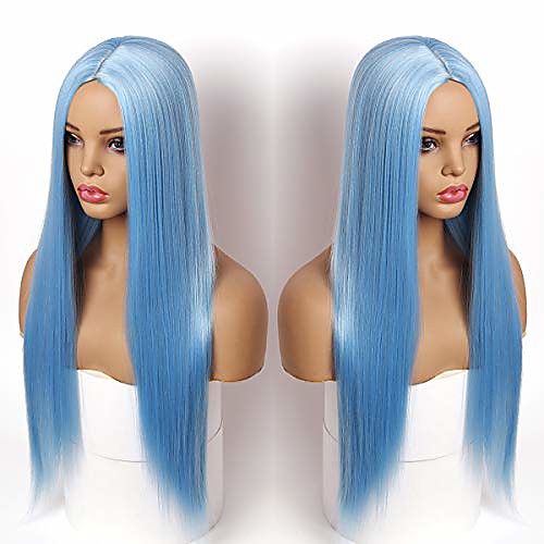 

blue wigs for women long straight synthetic azrue cosplay party wigs for fashion girl 24 inch heat resistant blue halloween hair wigs