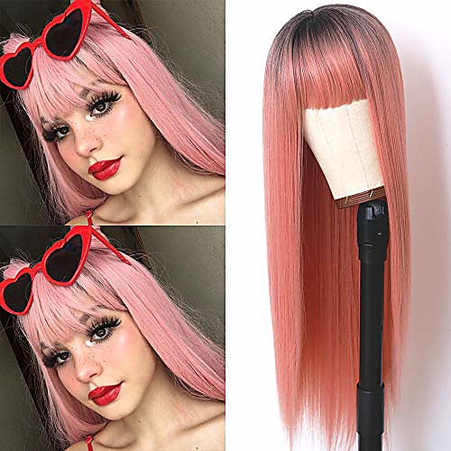 

hair long straight pink wig with bangs heat resistant synthetic cosplay party wigs natural looking machine made wigs for women(24 inches)