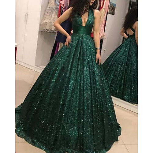 

Ball Gown Sparkle Sexy Quinceanera Formal Evening Dress V Neck Sleeveless Floor Length Sequined with Sequin 2021