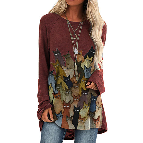 

Women's Shift Dress Knee Length Dress Long Sleeve Print Cat Animal Print Fall Casual 2021 Blue Wine Brown Gray S M L XL XXL 3XL