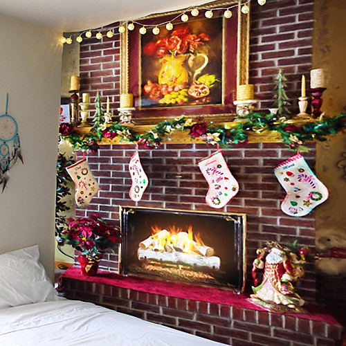 

Christmas Day Party Wall Tapestry Art Deco Blanket Curtain Picnic Table Cloth Hanging Home Bedroom Living Room Dormitory Decoration Christmas Tree Candle Fireplace Christmas Stocking