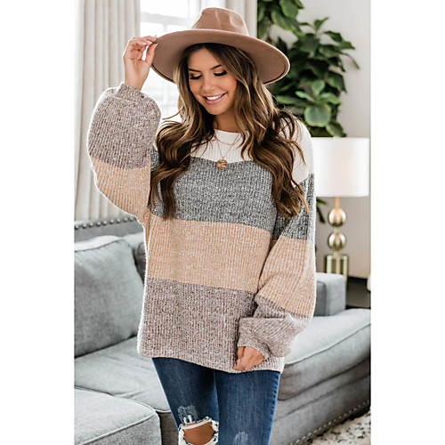 

Women's Basic Knitted Color Block Pullover Long Sleeve Sweater Cardigans Crew Neck Fall Winter Khaki