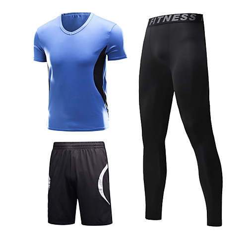 

Men's Patchwork Tracksuit Activewear Set Athletic Athleisure 3pcs Short Sleeve Moisture Wicking Quick Dry Breathable Fitness Gym Workout Running Walking Jogging Sportswear Normal Blue / Black Green