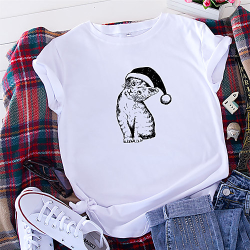 

Women's Christmas T shirt Cat Graphic Prints Print Round Neck Tops 100% Cotton Basic Christmas Basic Top White Black Yellow