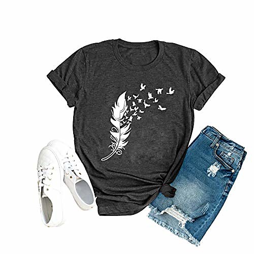 

women feathers graphic shirt summer tops tee casual printed short sleeve blouse l dark grey