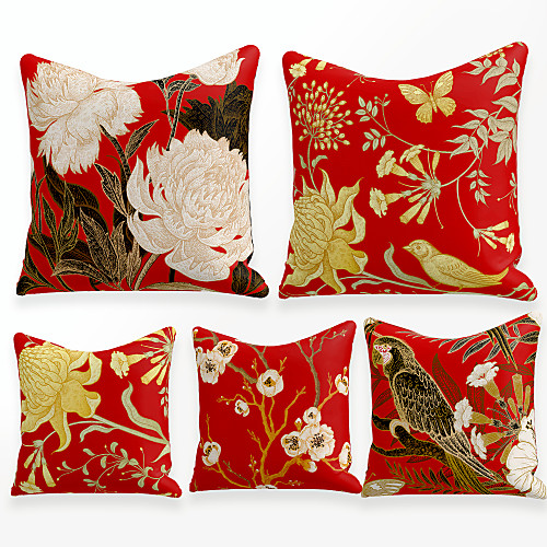 

Cushion Cover 5PCS Linen Soft Decorative Square Throw Pillow Cover Cushion Case Pillowcase for Sofa Bedroom 45 x 45 cm (18 x 18 Inch) Superior Quality Mashine Washable Chinese Style Flowers Birds