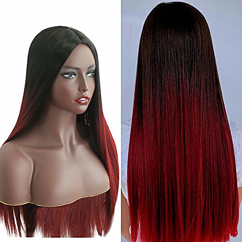 

ombre wine red wigs long straight burgundy synthetic wig for women and ladies natural hairline middle part cosplay party wigs