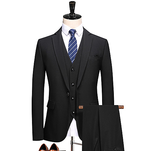 

Black Solid Colored Standard Fit Polyester Suit - Notch Single Breasted One-button