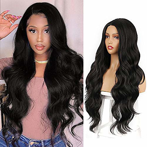 

30 inch body wave wig long wave black wigs for women side part synthetic hair wigs natural looking heat resistant full wig (30inches)