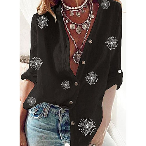 

Women's Blouse Shirt Floral Long Sleeve Standing Collar Tops Basic Top Black