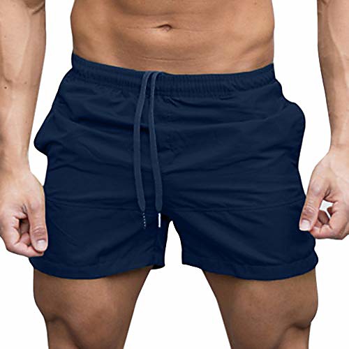 

mens classic 5'' inseam athletic shorts with drawstring solid color bodybuilding workout gym shorts beach trunks dark blue