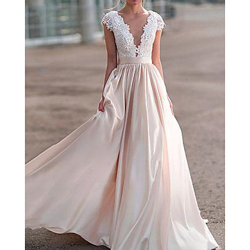 

A-Line Wedding Dresses V Neck Floor Length Lace Satin Sleeveless Beach with Split Front 2021