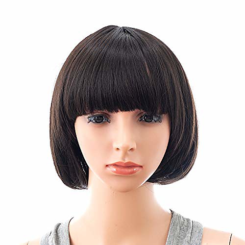 

10 inch short straight bob wig with bangs synthetic colorful cosplay daily party flapper wig for women and kids with wig cap (black brown)