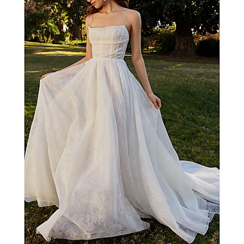 

A-Line Wedding Dresses Spaghetti Strap Sweep / Brush Train Lace Sleeveless Simple with 2021