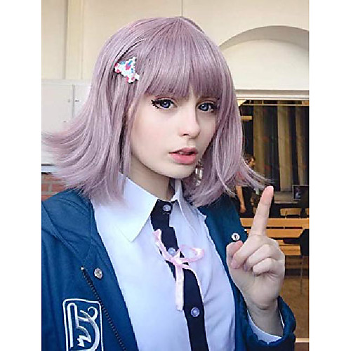 

chiaki nanami cosplay wigs for danganronpa costume short lavender purple hair wig anime harajuku lolita cute synthetic wigs for party with 1 aircraft hairpin ad018pk