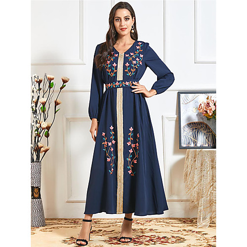 

Women's A Line Dress Maxi long Dress Dusty Blue Long Sleeve Floral Embroidered Print Fall V Neck Elegant Casual 2021 M L XL XXL 3XL 4XL / Plus Size