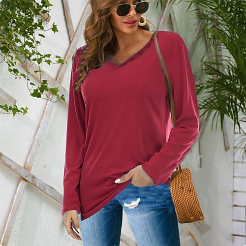 

Women's T shirt Striped Leopard Plain Long Sleeve Button V Neck Tops Cotton Basic Basic Top Black Blue Purple