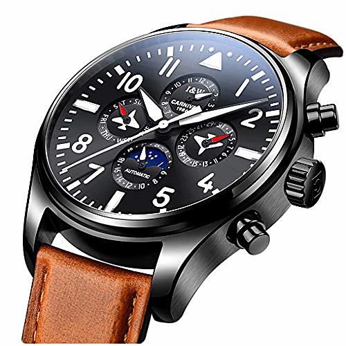 

mens leather automatic watch black stainless steel date sapphire glass waterproof military watch for men
