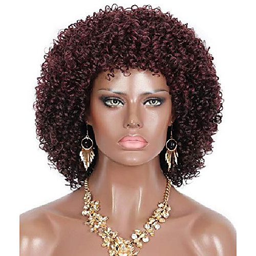 

short afro kinky curly wigs for black women premium synthetic afro curly full wigs with hair bangs (burgundy red)