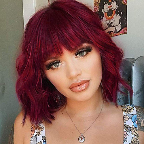

Synthetic Curly Bob Wig with Bangs Short Bob Wavy Hair Wig Wine Red Color Shoulder Length Wigs for Women Bob Style Synthetic Heat Resistant Wigs