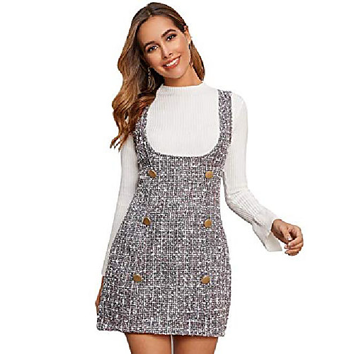 

women's tweed plaid double button mini overall dress grey l