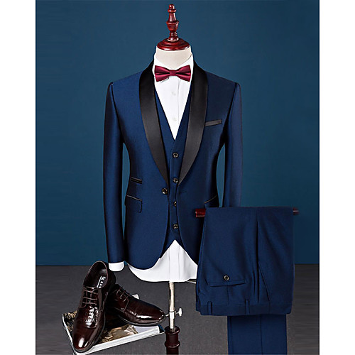 

Royal Blue Solid Colored Slim Fit Spandex / Cotton / Polyester Suit - Shawl Collar Single Breasted One-button / Suits