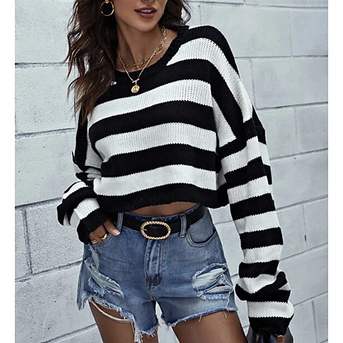 

Women's Basic Casual Crop Top Striped Solid Colored Pullover Long Sleeve Sweater Cardigans Round Neck Black And White