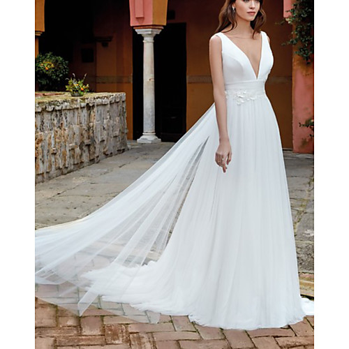 

A-Line Wedding Dresses V Neck Court Train Satin Tulle Sleeveless Country Simple with 2021