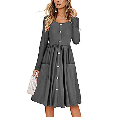 

women's dresses-long sleeve round neck button down swing t shirt midi skater dress pockets gray 3xl