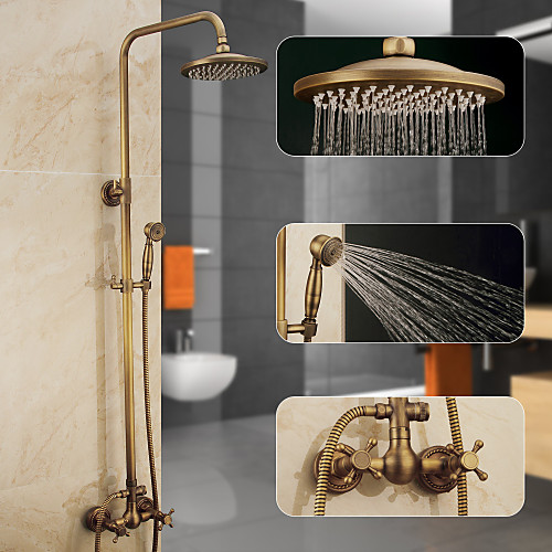 

Shower System Set, Height Adjustable Antique Brass Handshower and Faucet Body and Handle Wall Installation Pull Out Waterfall Contain Rain Shower,Bodysprays,Drain and Hot/Cold Water