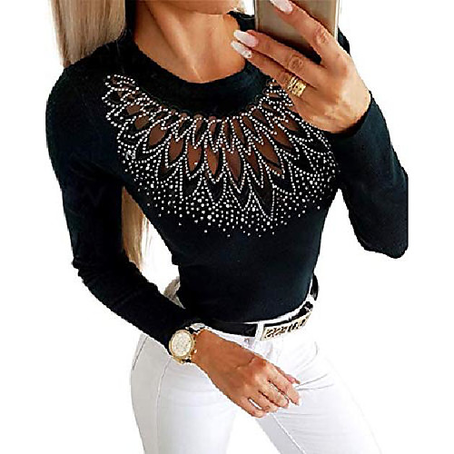

womens tops sexy round neck tunic studded mesh casual t shirts long sleeve shirts for women black tees slim fit
