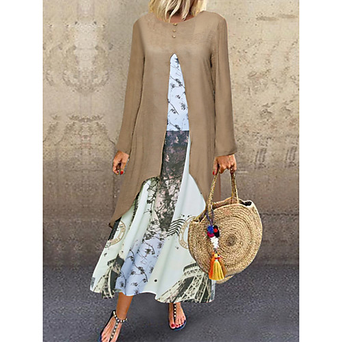 

Women's Wrap Dress Maxi long Dress Khaki Long Sleeve Print Patchwork Fall Round Neck Casual Loose 2021 L XL XXL 3XL 4XL 5XL / Plus Size