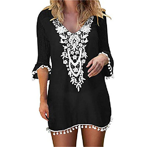

women's crochet chiffon tassel swimsuit bikini pom pom swimwear beach cover up black m